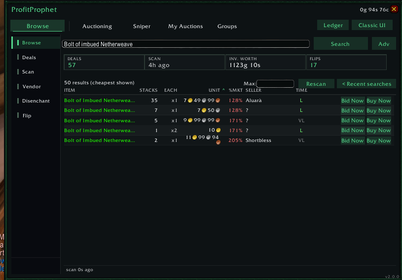 ProfitProphet Browse tab showing live auction house deals and flips