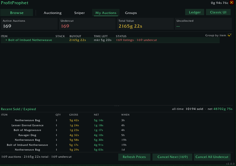 ProfitProphet My Auctions tab showing active listings and recent sales